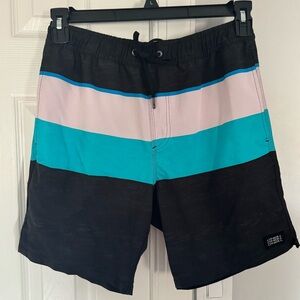 O’Neill Men’s “Smash Up Volley” Swim Trunks - Black, Teal, & White Pattern